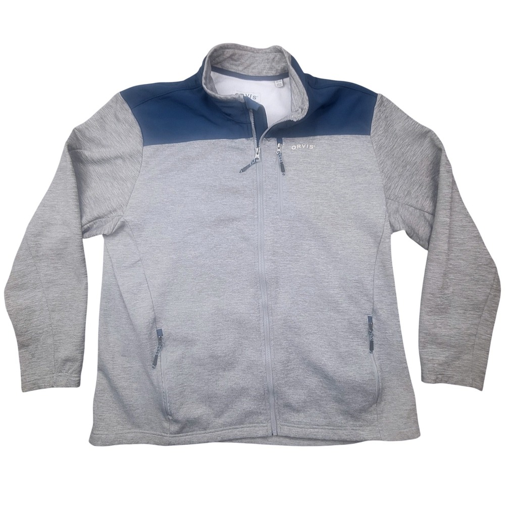 Orvis Mens XXL Full Zip Performance Jacket Gray Navy Blue Colorblock Mock Neck
